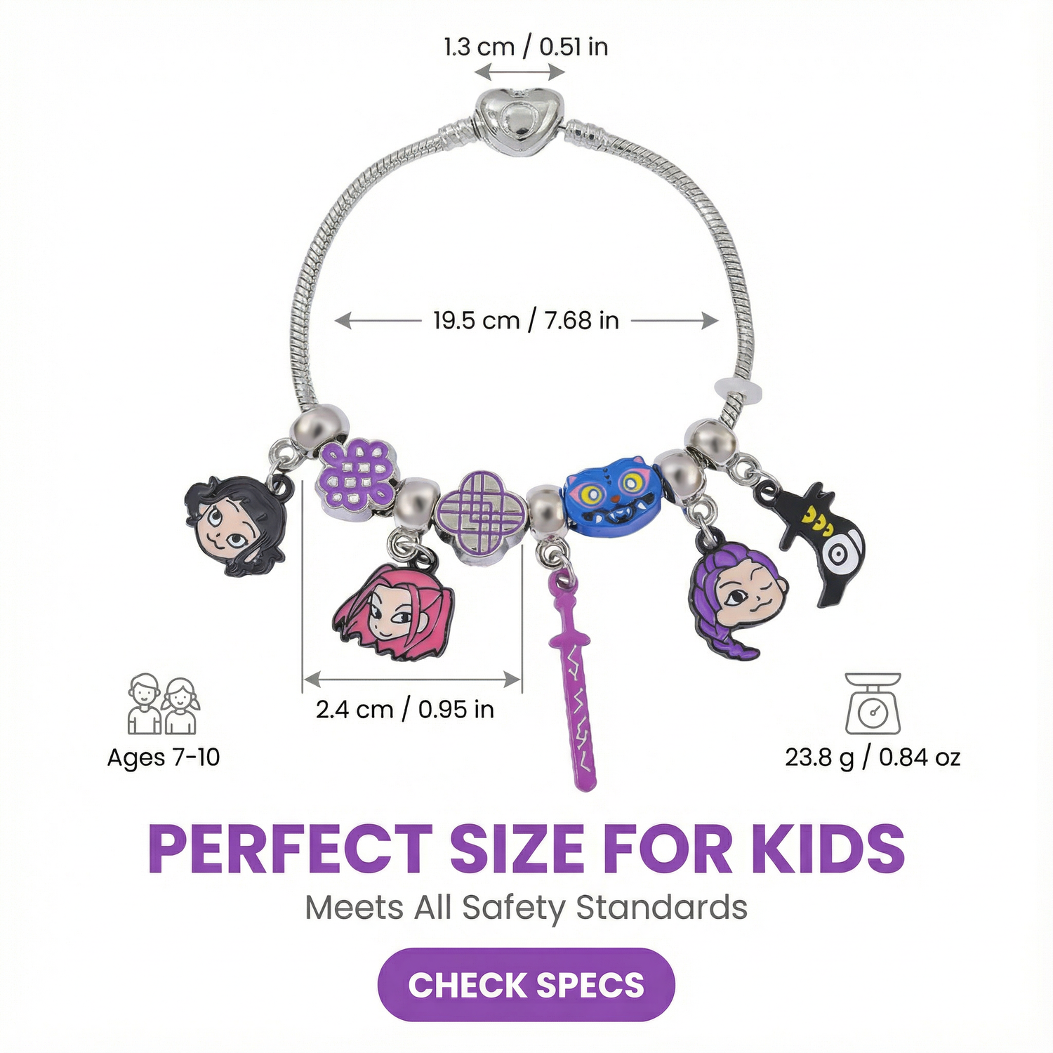 Bracelet with charms and measurement details on a white background